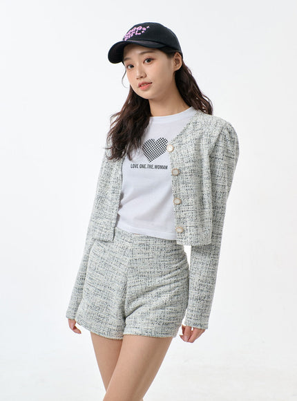 Tweed Cropped Cardigan And Shorts Set BF301