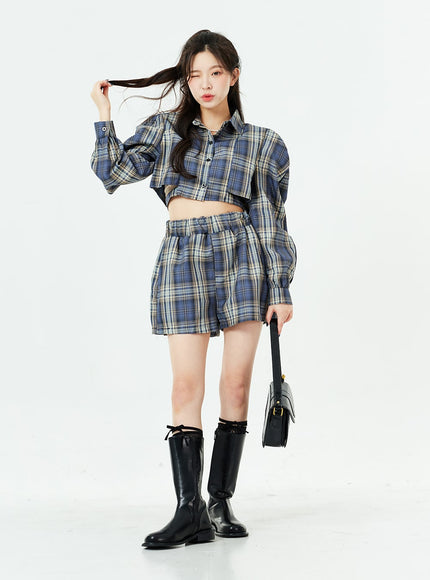 Check Pattern Cut Out Crop Shirt and Shorts Set BS02