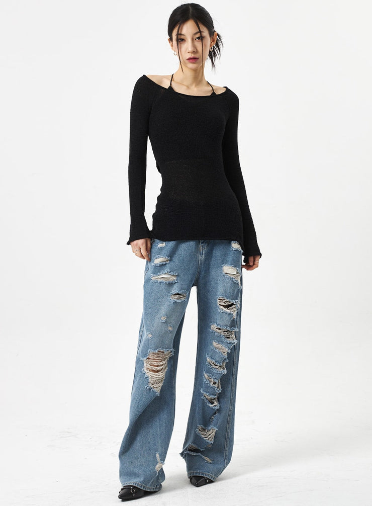 Ripped Mid-Wash Jeans CA310