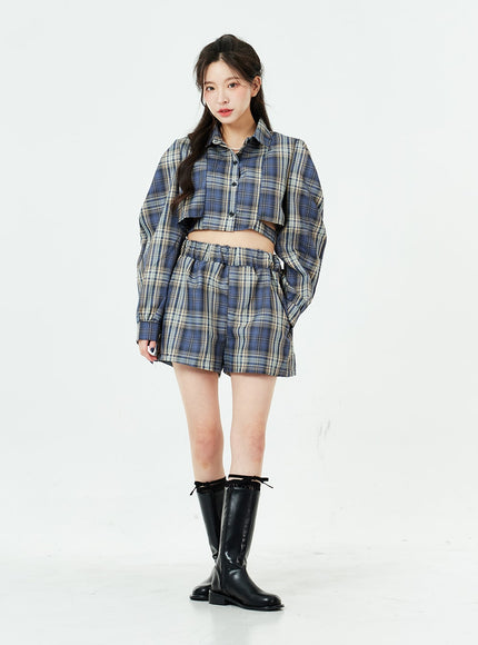 Check Pattern Cut Out Crop Shirt and Shorts Set BS02