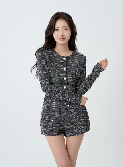 Tweed Pearl Button Jacket And Short Pants Set IO19