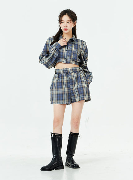 Check Pattern Cut Out Crop Shirt and Shorts Set BS02