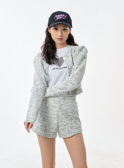 Tweed Cropped Cardigan And Shorts Set BF301