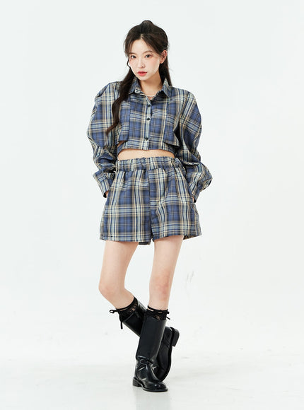 Check Pattern Cut Out Crop Shirt and Shorts Set BS02