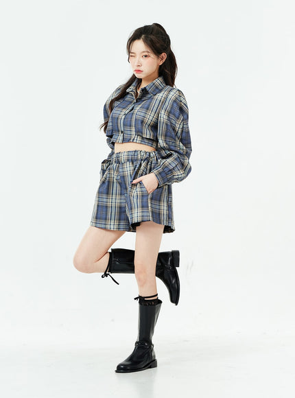 Check Pattern Cut Out Crop Shirt and Shorts Set BS02