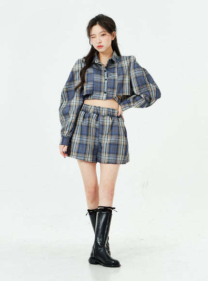 Check Pattern Cut Out Crop Shirt and Shorts Set BS02