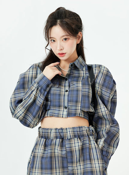 Check Pattern Cut Out Crop Shirt and Shorts Set BS02