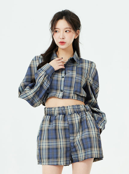 Check Pattern Cut Out Crop Shirt and Shorts Set BS02