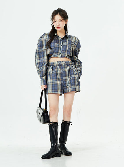 Check Pattern Cut Out Crop Shirt and Shorts Set BS02