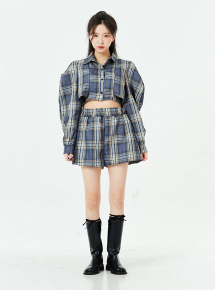 Check Pattern Cut Out Crop Shirt and Shorts Set BS02