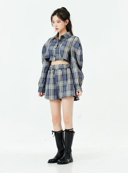 Check Pattern Cut Out Crop Shirt and Shorts Set BS02